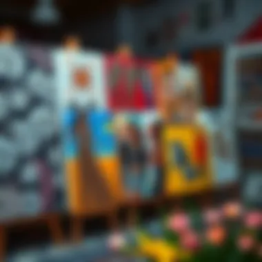 Diverse Canvas Designs with Mesh Stencils A vibrant display of various adhesive mesh stencil designs on canvases.