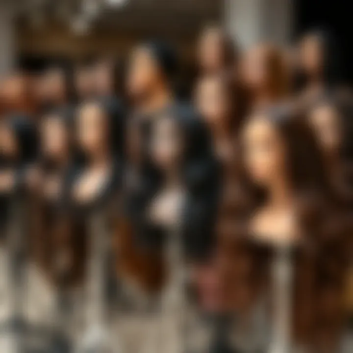 Diverse Styles of Lace Front Wigs Various types of lace front wigs displayed on stands