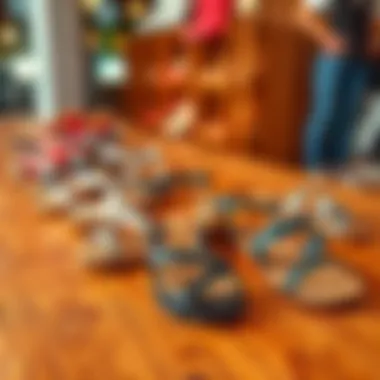 A variety of stylish sandals displayed on a wooden surface