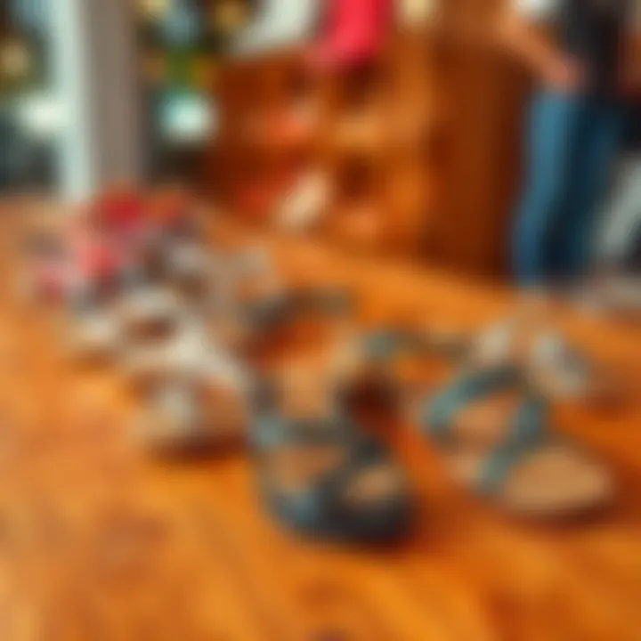 A variety of stylish sandals displayed on a wooden surface
