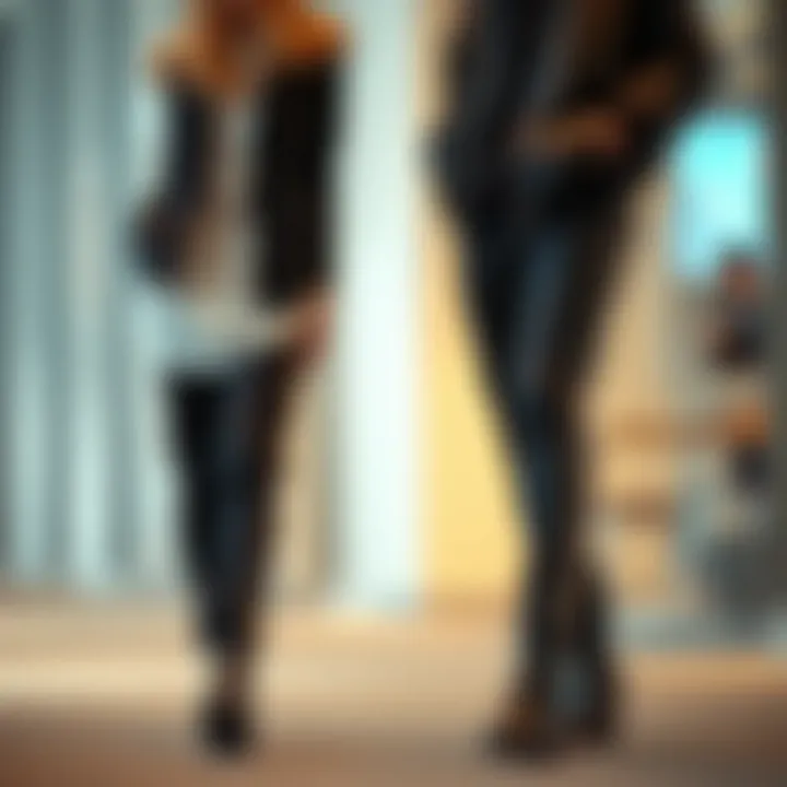 Fashion-forward ensemble featuring black pants with side stripes in a modern setting