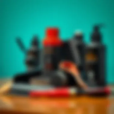 Close-up of braided wig maintenance tools and products.