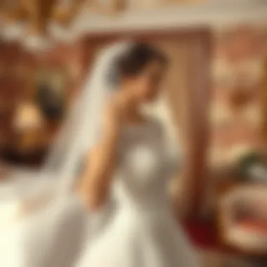 Bride adjusting her veil in a beautifully decorated bridal suite