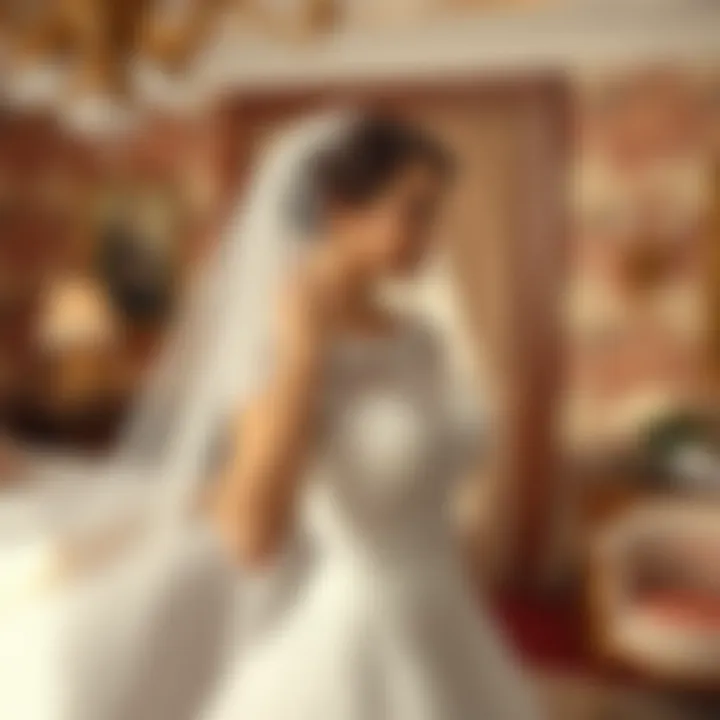 Bride adjusting her veil in a beautifully decorated bridal suite