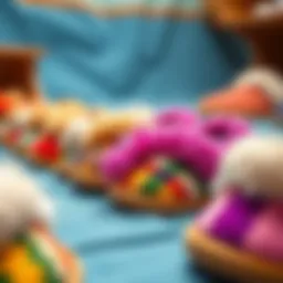 A vibrant collection of unique and colorful slippers showcasing diverse designs