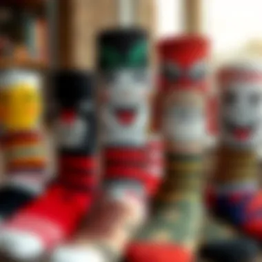 Creative display of custom face socks in various styles