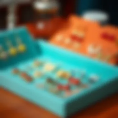 A beautifully arranged earring tray with colorful earrings