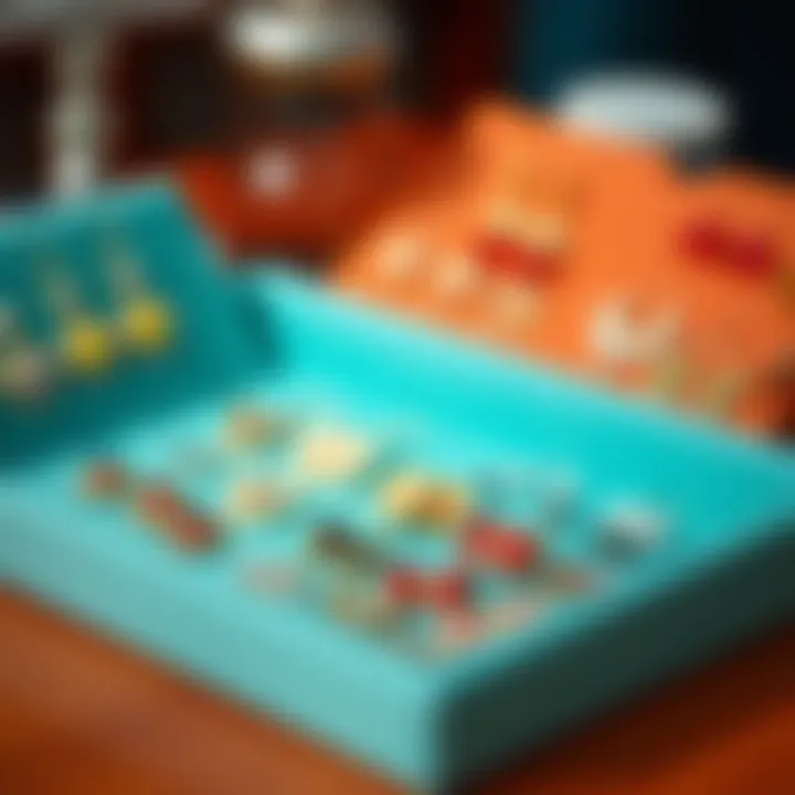 A beautifully arranged earring tray with colorful earrings