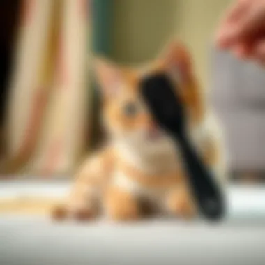 A manual cat hair removal tool being used