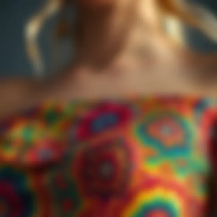 Close-up of the fabric texture of a rainbow tube top with intricate patterns