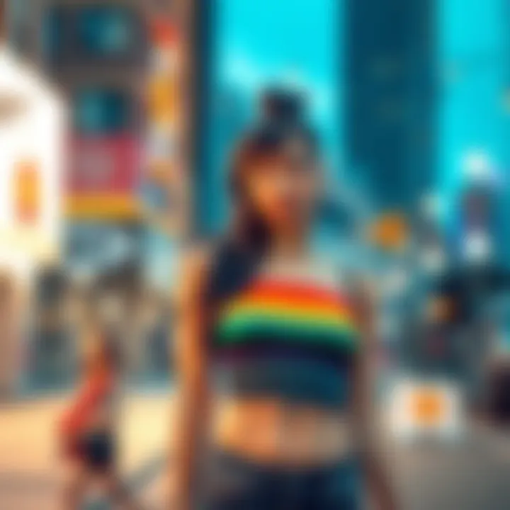 A fashion-forward individual showcasing a rainbow tube top in an urban setting