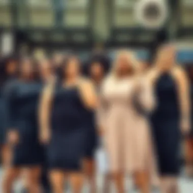 Group of diverse plus-size individuals confidently wearing black knit dresses