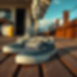 A stylish pair of canvas boat sneakers on a wooden deck