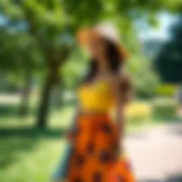 A vibrant casual skirt and top set in a sunny park setting