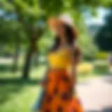 Vibrant Casual Outfit in Nature A vibrant casual skirt and top set in a sunny park setting