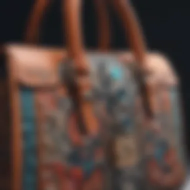 Close-up of intricate craftsmanship in a color block handbag, highlighting textures and materials