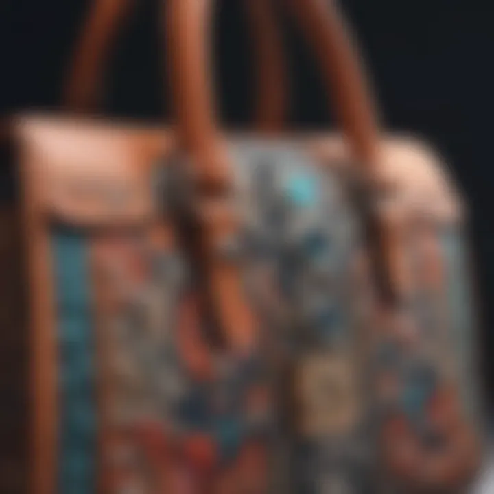 Close-up of intricate craftsmanship in a color block handbag, highlighting textures and materials