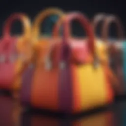 A vibrant display of color block designer handbags showcasing various color combinations