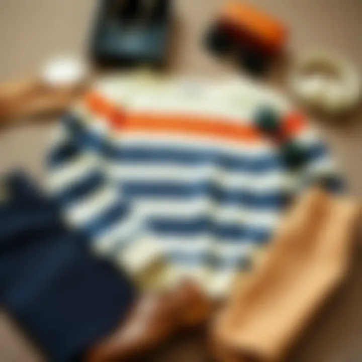 Complementary Accessories for Colorblock Striped Sweaters A stylishly arranged flat lay featuring accessories that complement a colorblock striped sweater.