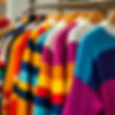 Diverse Color Combinations of Colorblock Striped Sweaters A vibrant collection of colorblock striped sweaters displayed on a rack, showcasing diverse color combinations.