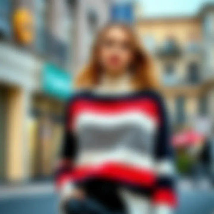 Fashionable Styling of Colorblock Striped Sweaters in Urban Settings A model showcasing a colorblock striped sweater in an urban setting, illustrating fashionable styling options.