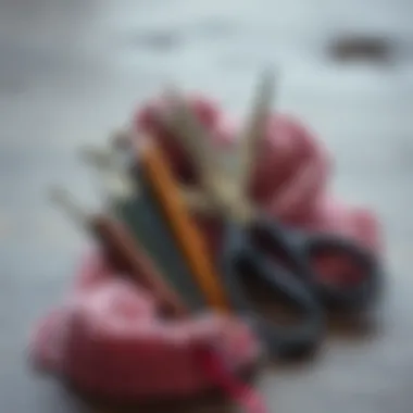 Essential Crochet Tools A detailed view of essential crochet tools including hooks and scissors