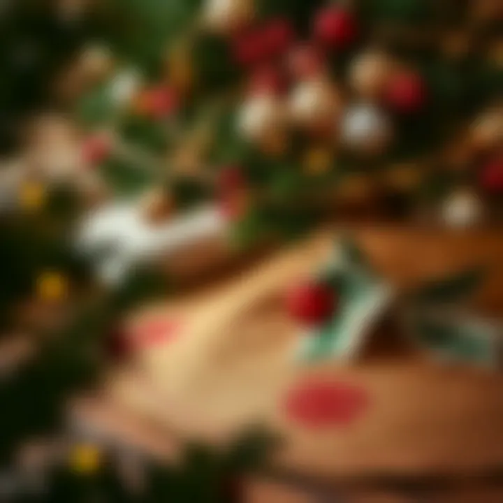 Rustic jute tree skirt adorned with festive motifs