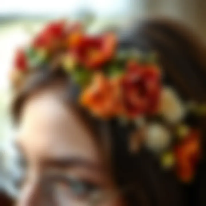 Artistry in Floral Headband Craftsmanship Close-up of a handmade floral headband showcasing craftsmanship
