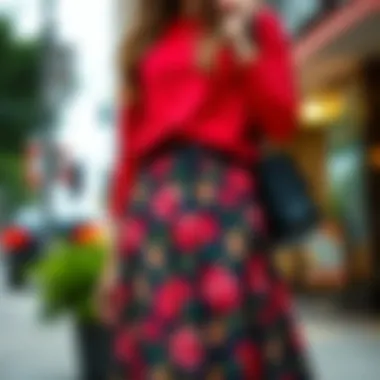 Casual Styling of Floral Jacquard Skirt Model wearing a floral jacquard skirt styled for a casual outing