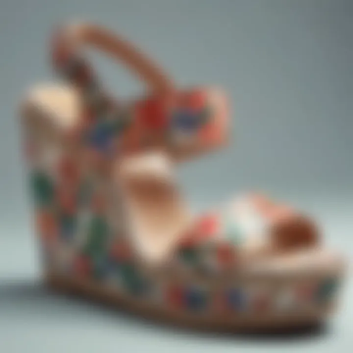 Close-up of detailed floral patterns on a wedge sandal