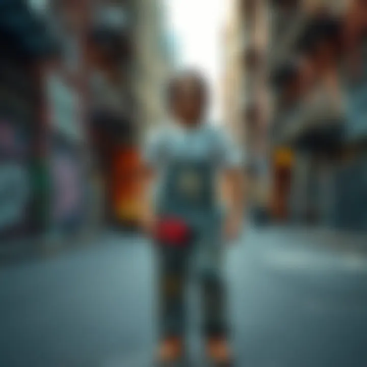 Stylish Individual in an Urban Setting Stylish person showcasing graffiti overalls in an urban setting