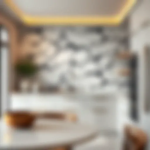 Elegant marble wallpaper accentuating a modern kitchen design