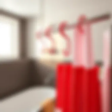 Elegant Red Shower Curtain Hooks in a Modern Bathroom Elegant red shower curtain hooks displayed on a stylish bathroom rod