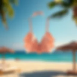Elegant design showcasing a ruffle halter tankini top against a serene beach backdrop