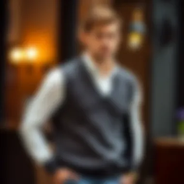 Model in Slim Fit Sweater Vest A model showcasing a slim fit sweater vest paired with casual attire