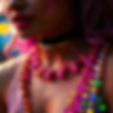 Close-up of accessories complementing a sparkle rave attire with colorful beads and glitter