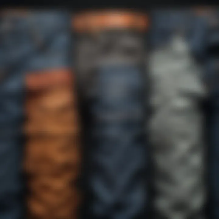 A variety of stacked cargo jeans in different colors and textures