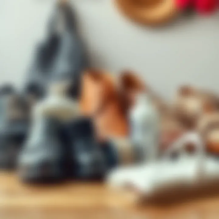 Shoe Care Essentials for Summer Footwear An organized shoe care kit beside various summer footwear