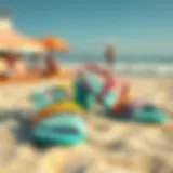 A stylish display of vibrant summer sandals on a sandy beach
