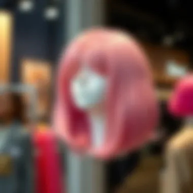 A vibrant pale pink wig displayed elegantly on a mannequin.