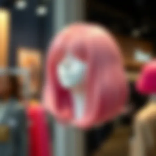 A vibrant pale pink wig displayed elegantly on a mannequin.