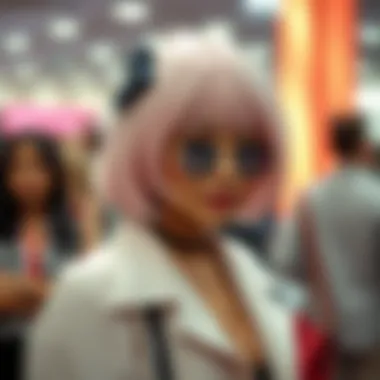 A stylish individual showcasing a pale pink wig at a fashion event.