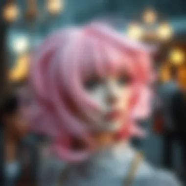 Close-up of a pale pink wig with intricate styling.
