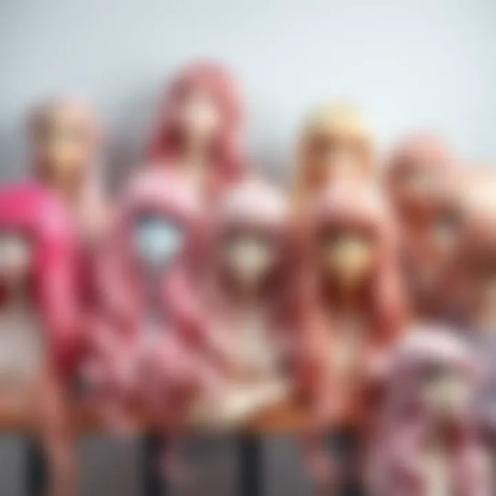 Various pale pink wigs arranged to show different styles and lengths.