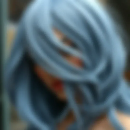 Texture and Color Nuances of Greyish Blue Wig A close-up view of a greyish blue wig showcasing its texture and color nuances