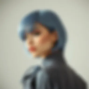 Elegant Styling of Greyish Blue Wig in Modern Fashion A fashionable model wearing a greyish blue wig styled elegantly for a modern look