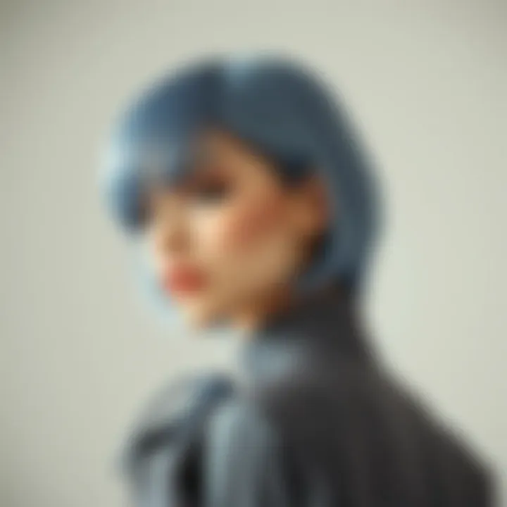 Elegant Styling of Greyish Blue Wig in Modern Fashion A fashionable model wearing a greyish blue wig styled elegantly for a modern look