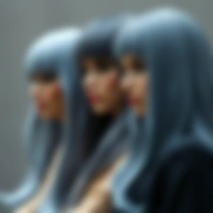 Versatile Styles of Greyish Blue Wigs A side-by-side comparison of various wig styles in greyish blue, highlighting versatility