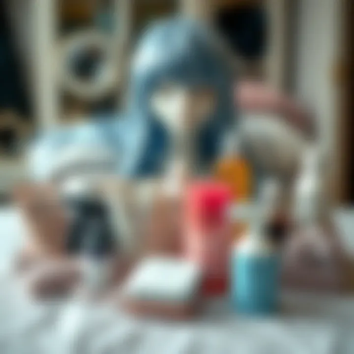 Wig Care Essentials for Maintaining Greyish Blue Wigs A well-organized wig care kit with products specifically designed for greyish blue wigs