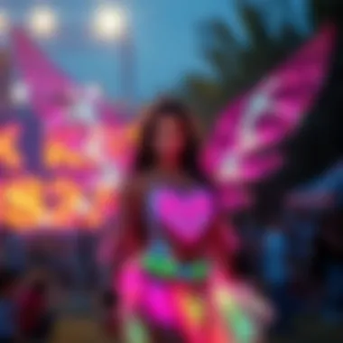 Captivating Performances with LED Wings A performer wearing LED wings at a festival, captivating the audience with vibrant displays